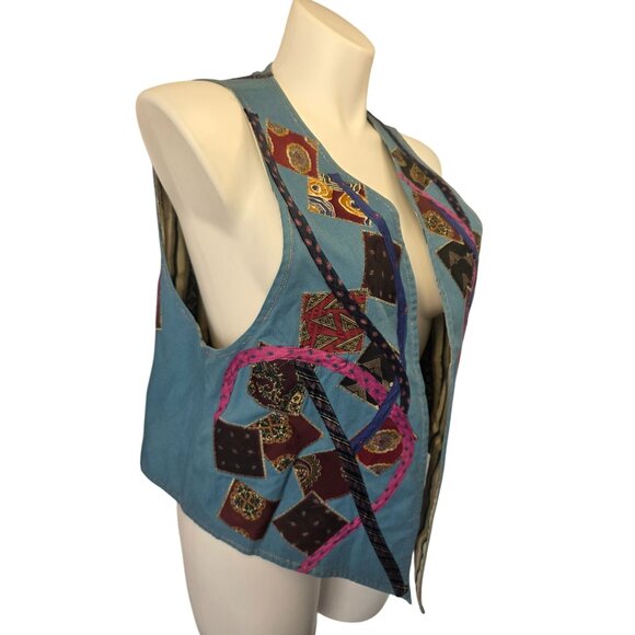 Handmade 80s Boho Reversible Vest Sz XL–2X Denim Patchwork Applique Stripe Cotto - Picture 10 of 10